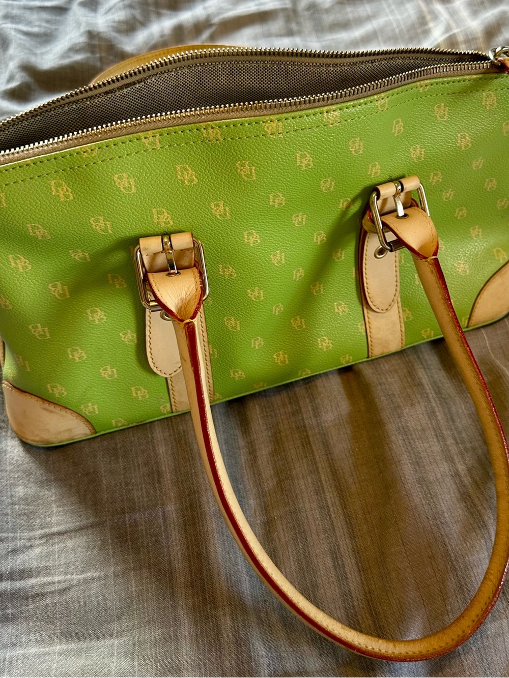 Dooney & Bourke Lime Green Monogram Satchel with Natural Trim